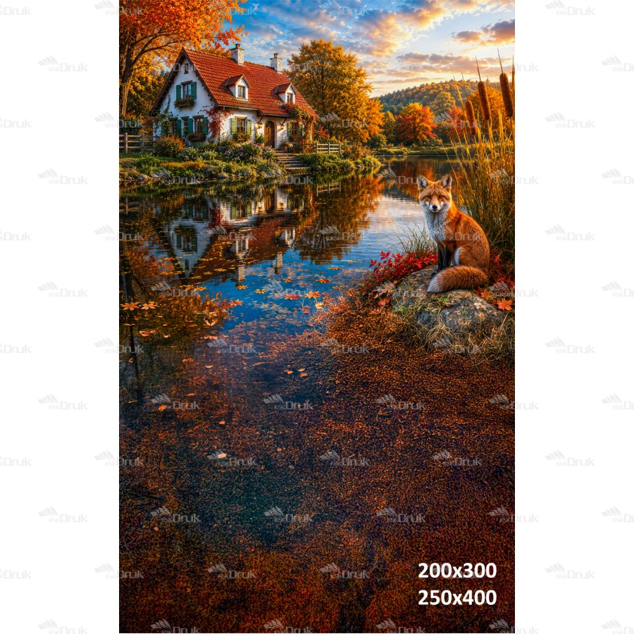 Tło fotograficzne „Jesienny domek nad jeziorem z lisem” | J_276
